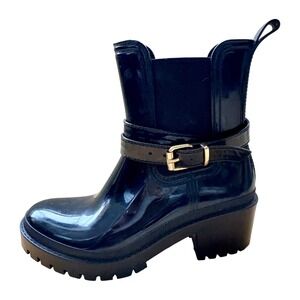 Unbranded Women's Black Glossy Rubber Buckle Ankle Rain Boots Chunky Heel Size 7